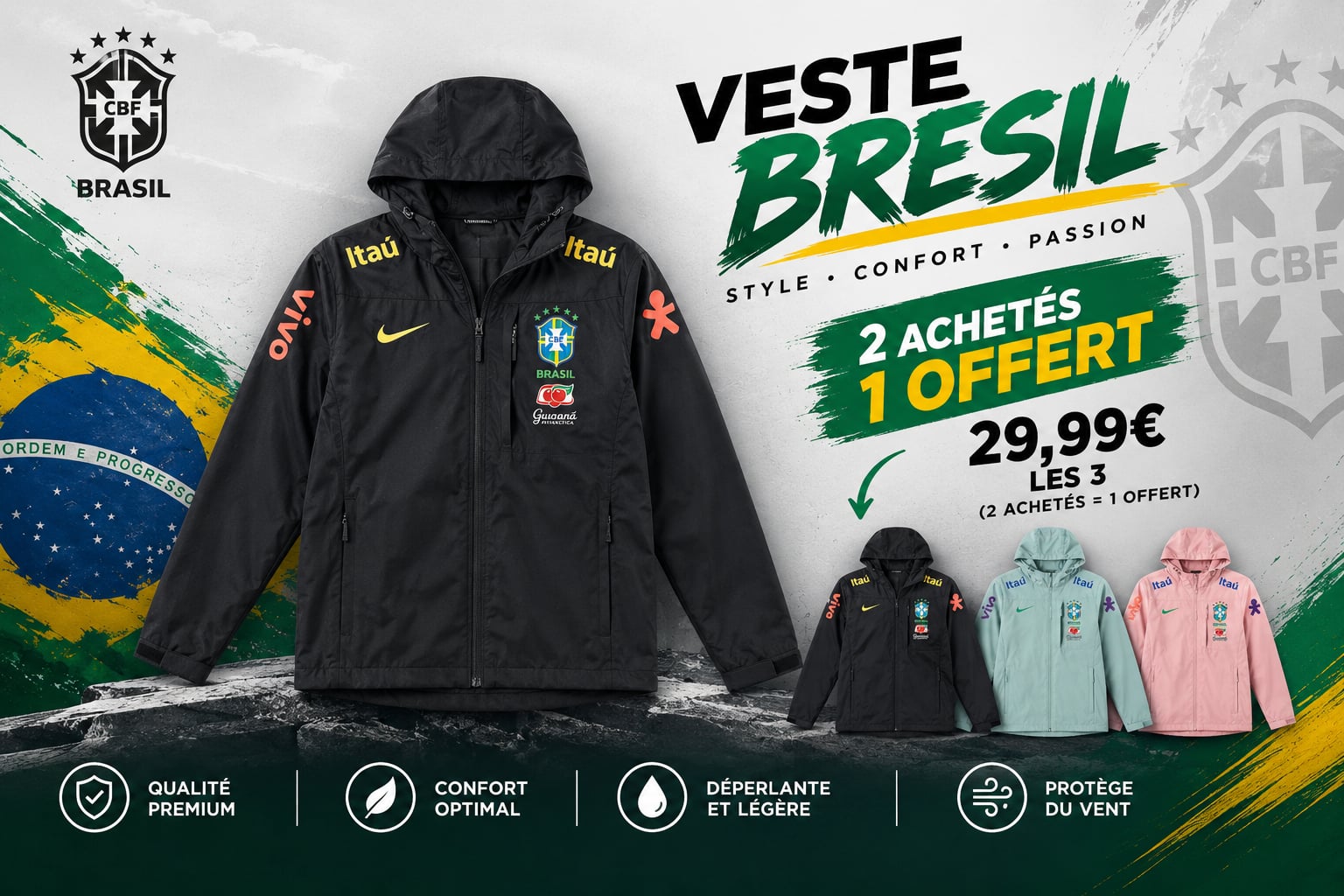 Veste Brésil — Style, confort, passion. 2 achetées, 1 offerte, 29,99€ les 3.